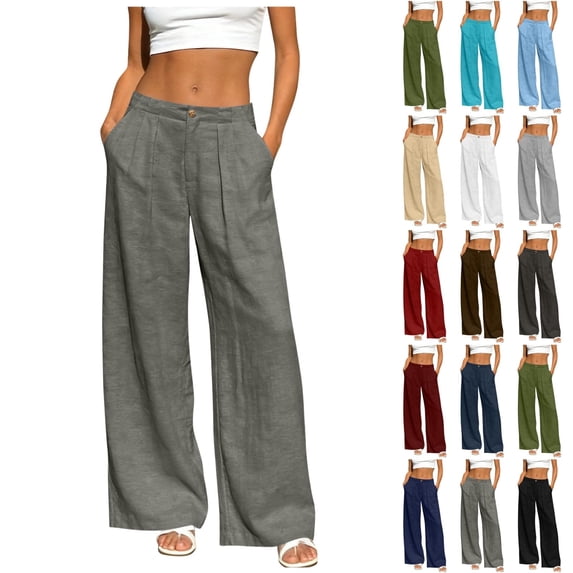 Ninixx Womens Straight Leg Pants Solid Color Drawstring Waist Lightweight Linen Blend Casual Work Trousers