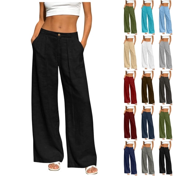 Ninixx Womens Straight Leg Pants Solid Color Drawstring Waist Lightweight Linen Blend Casual Work Trousers