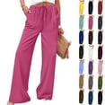 thumbnail image 1 of Ninixx Womens Summer Casual Pants Elastic Waist Solid Color Straight Leg Trousers with Pockets, 1 of 8