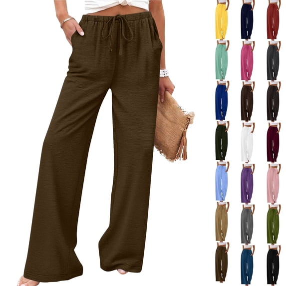 Ninixx Womens Summer Casual Pants Elastic Waist Solid Color Straight Leg Trousers with Pockets