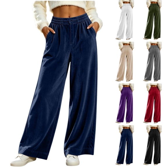 Ninixx Womens Velour Wide Leg Pants Elastic Waist Relaxed Lounge Trousers with Pockets and Button Front