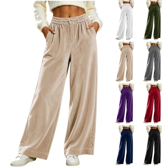 Ninixx Womens Velour Wide Leg Pants Elastic Waist Relaxed Lounge Trousers with Pockets and Button Front