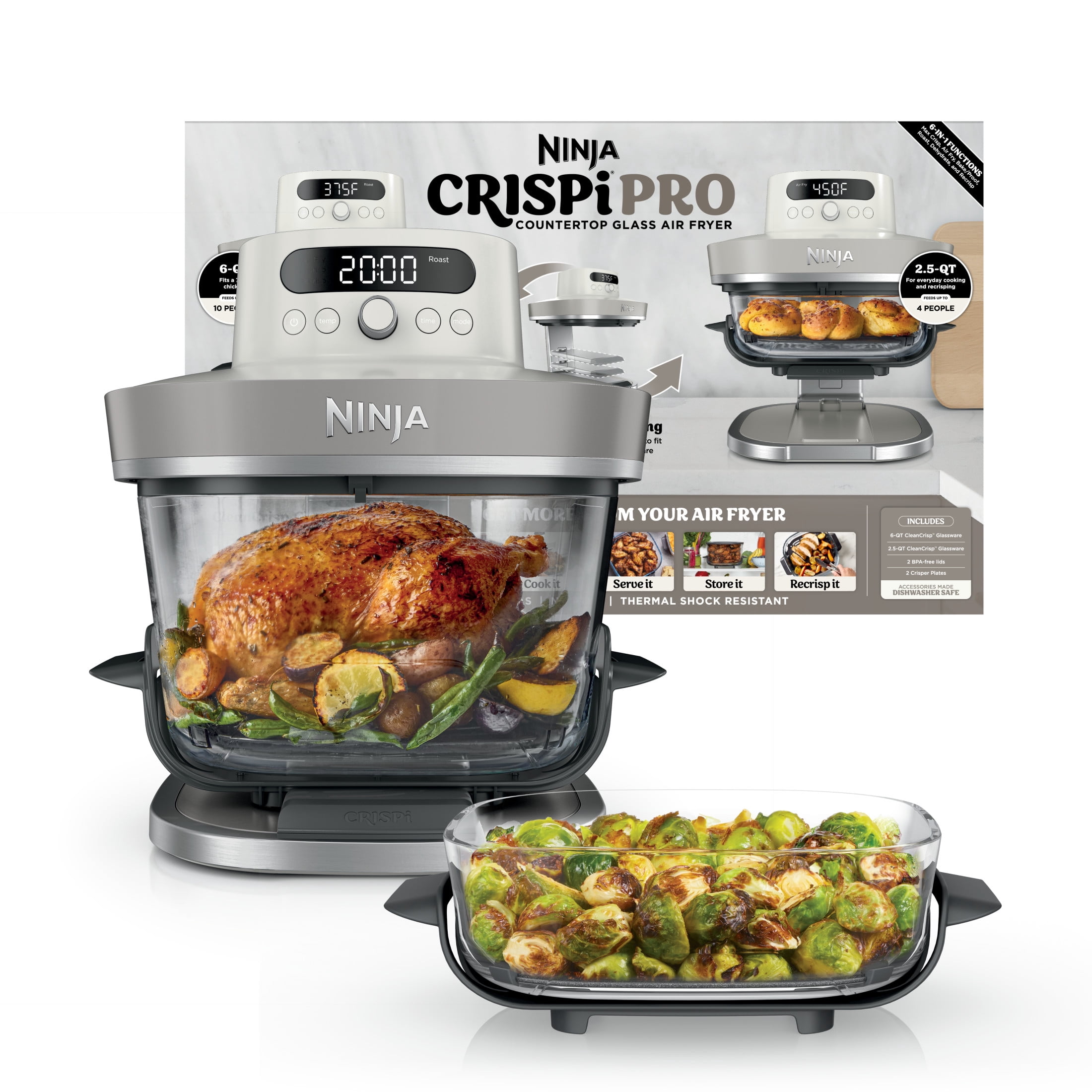 Ninja Crispi Pro Glass Air Fryer 6-Qt & 2.5-Qt, 6-in-1, Air Fry, Bake, Dehydrate, Dishwasher Safe, AS101LG Dove