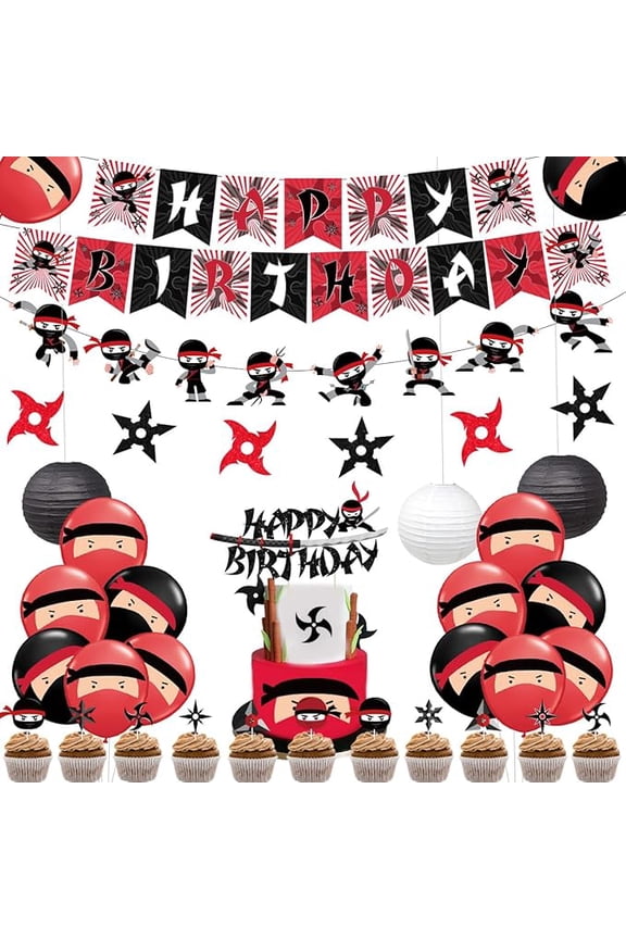 Ninja Birthday Party Decoration Red and Black Warrior Themed Party Supplies for Boys with Ninja Happy Birthday Banner Cake Topper Sticker and Paper Lanterns