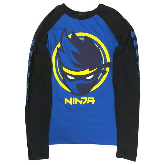 Ninja Boys Blue & Black Long Sleeve Video Game Tee Shirt Gamer T-Shirt Large