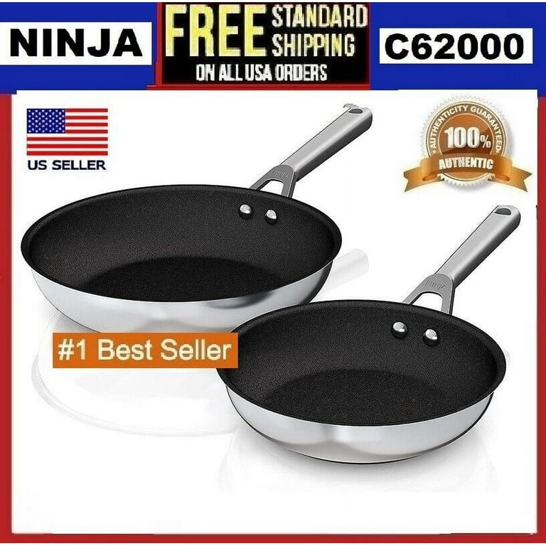  Ninja C62200 Foodi NeverStick Stainless 10.25-Inch & 12-Inch  Fry Pan Set, Polished Stainless-Steel Exterior & C30020 Foodi NeverStick  Premium 8-Inch Fry Pan, Hard-Anodized, Nonstick: Home & Kitchen