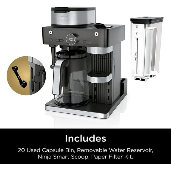 Ninja CFN602 Espresso & Coffee Barista System, Single-Serve Coffee & Nespresso Capsule Compatible, 12-Cup Carafe, Built-in Frother, Espresso, Cappuccino & Latte Maker, Black & Stainless Steel