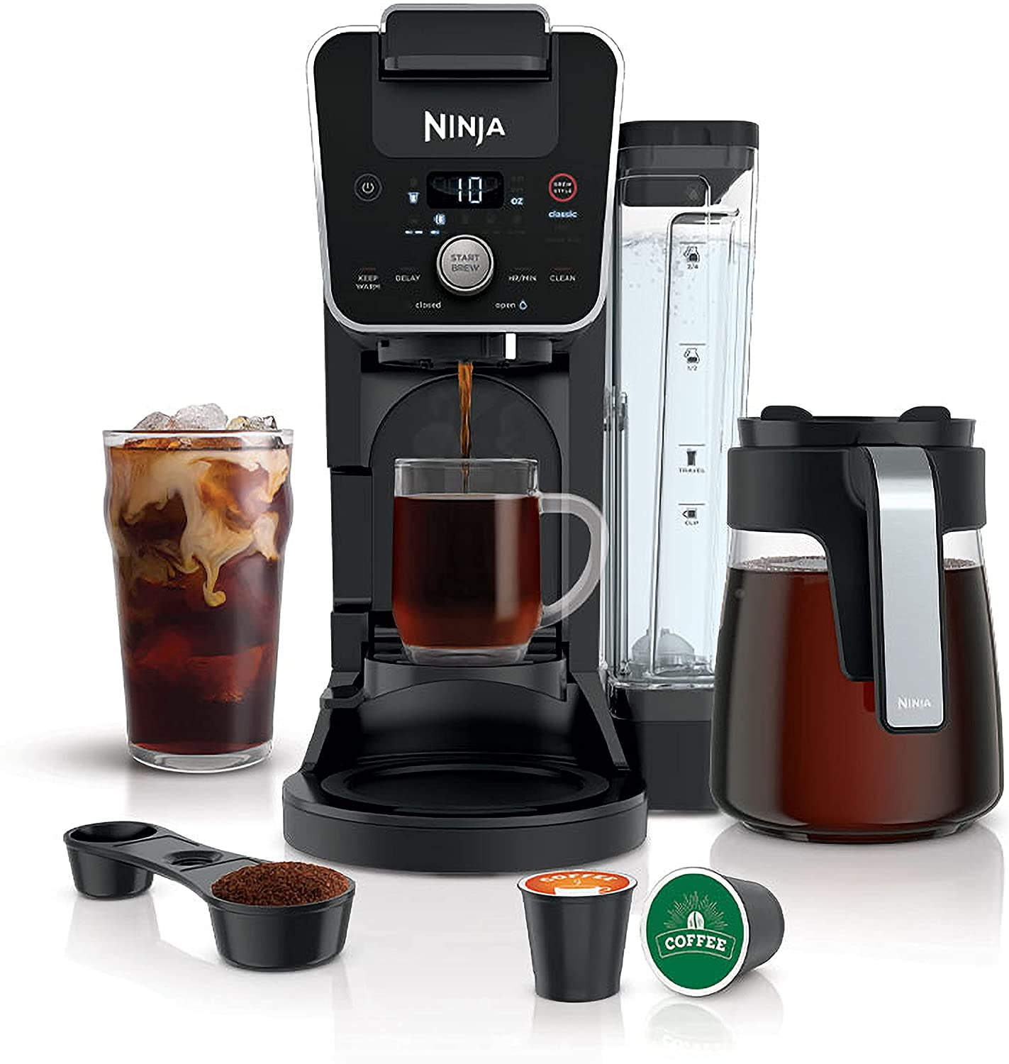 Ninja CFP301 DualBrew Pro Specialty 12-Cup Drip Maker with Glass Carafe,  Single-Serve Grounds, compatible with K-Cup pods, with 4 Brew Styles,  Frother & Separate Hot Water System, Black 