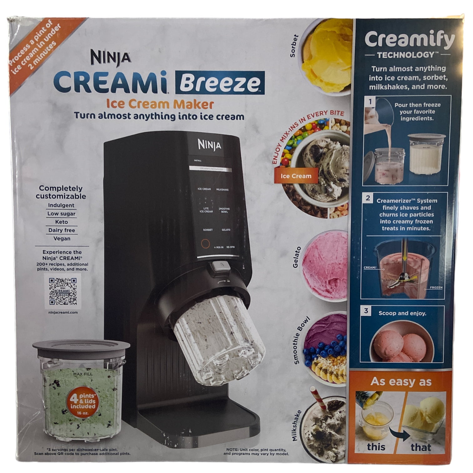 Ninja CREAMi Breeze 7 One Touch Programs, 4 Pints, Ice Cream, Gelato, Sorbet
