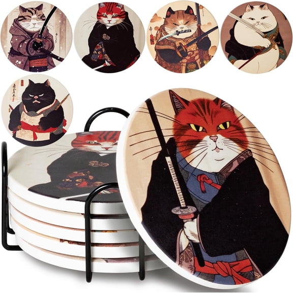 Ninja Cat Coasters Set of 6 - Cat Gifts for Men Anime Decor, Funny Coasters | Ceramic Coasters w/ Holder, Gifts For Cat Dads, Cool Coasters and House Warming Gifts, Japanese Anime Home & Office Dcor
