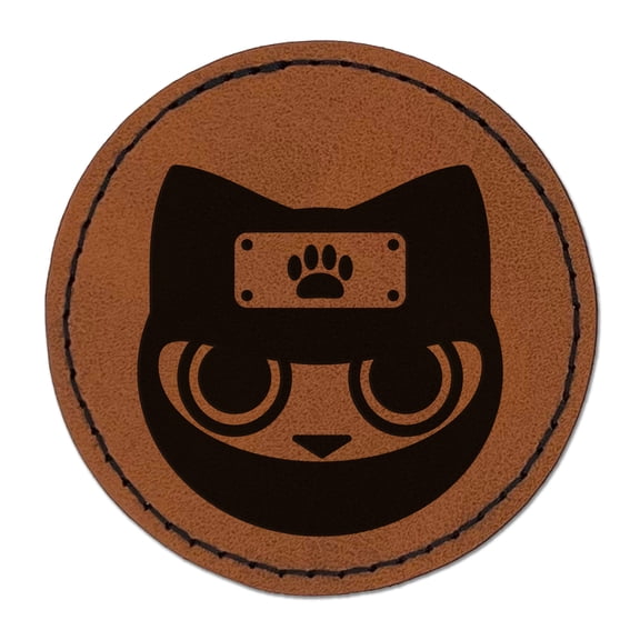 Ninja Cat Shinobi Neko 2.5" Faux Leather Round Engraved Iron-On Patch - Brown