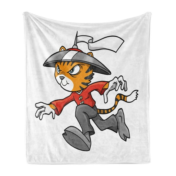 Ninja Cat Soft Flannel Fleece Throw Blanket, Nursery Themed Cartoon Warrior Character in Traditional Clothes, Cozy Plush for Indoor and Outdoor Use, 60" x 80", Multicolor, by Ambesonne
