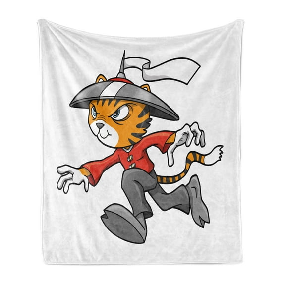 Ninja Cat Soft Flannel Fleece Throw Blanket, Nursery Themed Cartoon Warrior Character in Traditional Clothes, Cozy Plush for Indoor and Outdoor Use, 60" x 80", Multicolor, by Ambesonne
