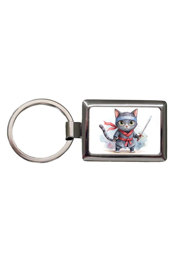 Ninja Cat Watercolor Metal Rectangle Keychain