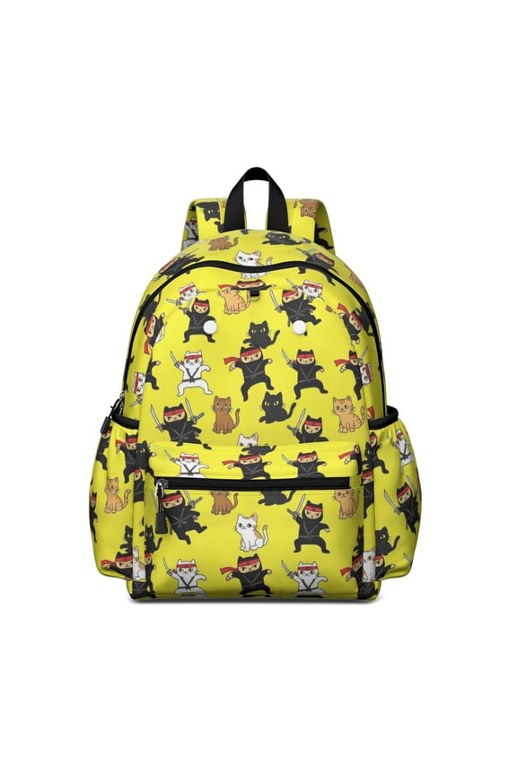 Ninja Cat Yellow Pattern Backpack for School, Cute School Bag with Adjustable Shoulder Straps and Padded Back, 13.4"x11"x4.7"