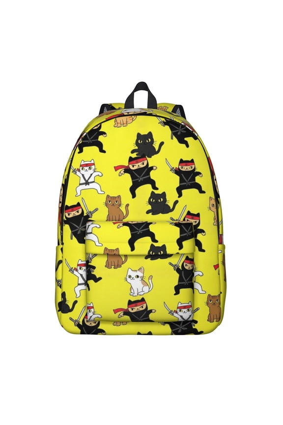 Ninja Cat Yellow Pattern Backpack for School, Cute School Bag with Adjustable Shoulder Straps and Padded Back, 15.7"x11.8"x5.5"