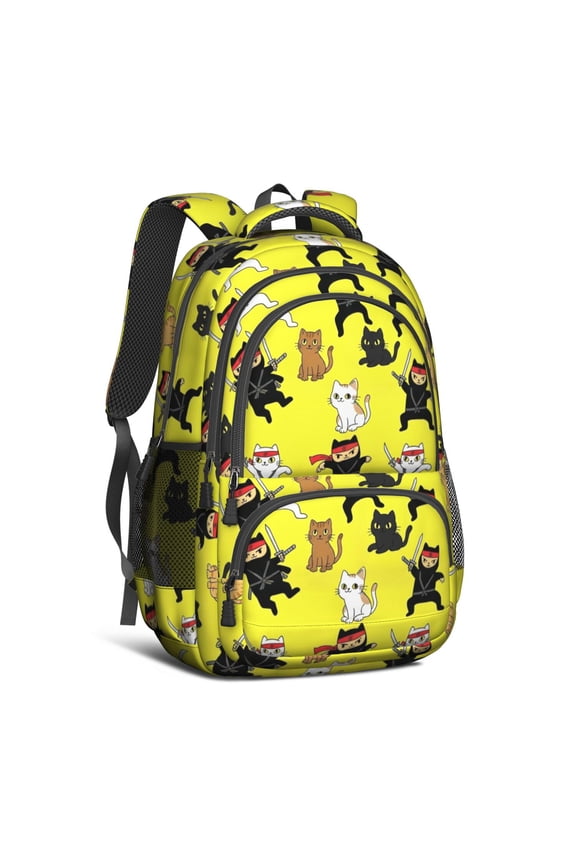 Ninja Cat Yellow Pattern Backpack for School, Cute School Bag with Adjustable Shoulder Straps and Padded Back, 16.9"x12.6"x5.9"