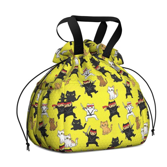 Ninja Cat Yellow Pattern Drawstring Insulated Lunch Bag for Women, Stain-Resistant Large Lunch Tote with Multi-Pockets for Work Office