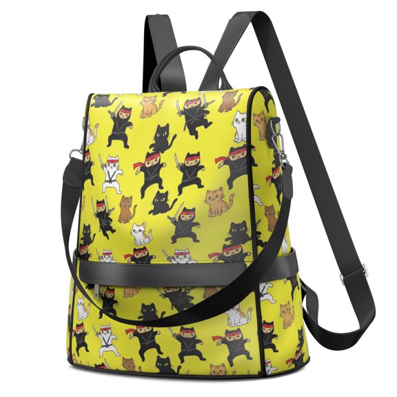 Ninja Cat Yellow Pattern Fashion Backpack, Casual Daypack with Side Bottle Pockets & Convertible Strap, Large Capacity Gifts for Women Casual Use