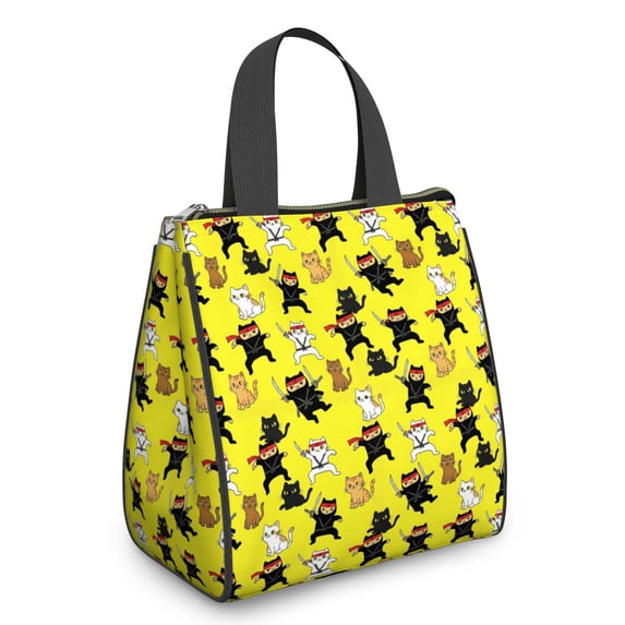 Ninja Cat Yellow Pattern Insulated Lunch Bag for Women Men, Large Portable Soft Cooler Tote, Thermal Food Storage Bag with Pearl Cotton, 8.66L, 8.75"x5.75"x9.5"