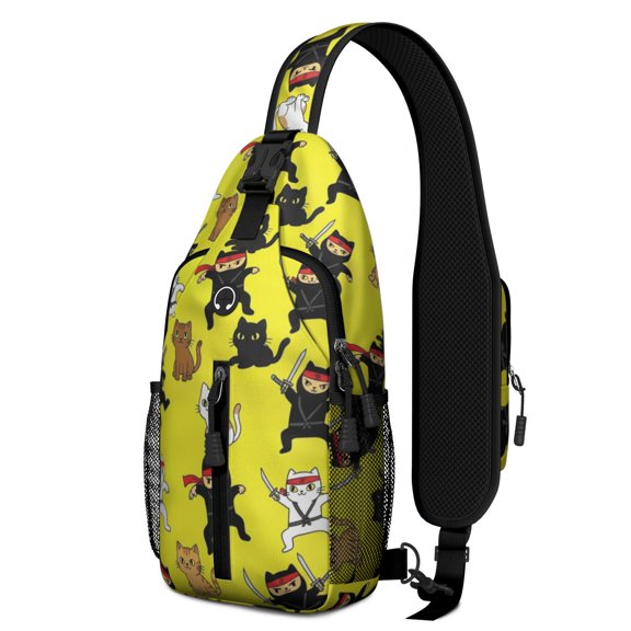 Ninja Cat Yellow Pattern Sling Backpack, Cycling Sling Bag with Earphone Port, Breathable Padded Back Gift Ideas for Holiday Birthday Gifts