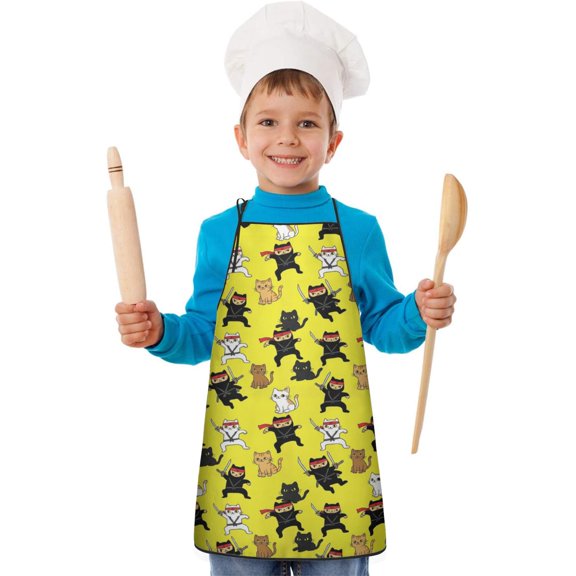 Ninja Cat Yellow Pattern Teens Aprons, Adjustable Neck Strap, Toddler & Teens Aprons for Cooking & Baking, 19x23.6 Inches