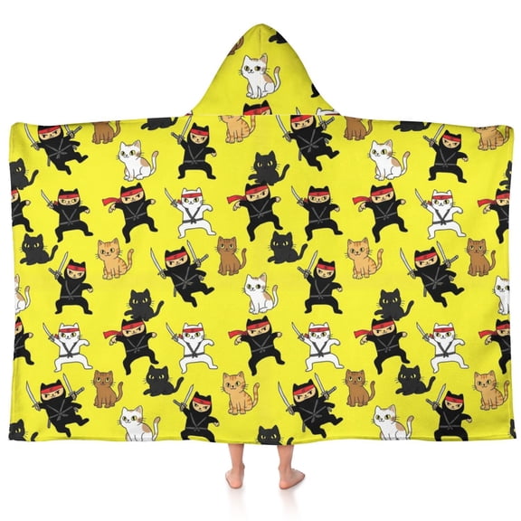 Ninja Cat Yellow Pattern Teens Hooded Bath Towel Wrap for Ages 3 To 12,Quick Dry Lightweight Soft Microfiber Bath Beach Pool,60"x35"