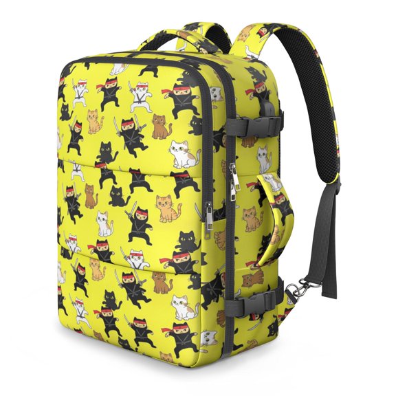 Ninja Cat Yellow Pattern Travel Laptop Backpack, Convertible Carry on Duffel with Multi Compartments & USB Port, Anti Theft Pocket Gifts for Men Women