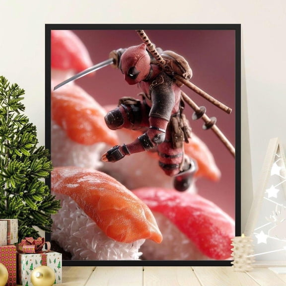 Ninja Climbing Sushi Posters, Funny Marvel Posters, Comic Book Posters, Geeky Posters, Food Art Print, Sushi Lover Gift, Action Figure Art, 12x18