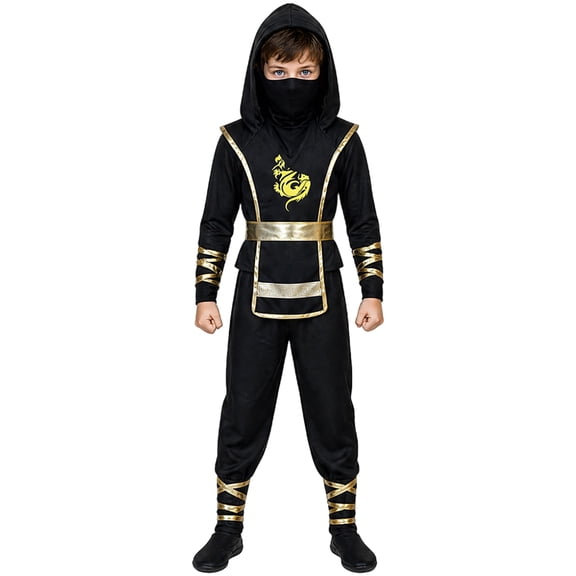 Ninja Cosplay Set, Adult Hooded Mask Top with Gold Dragon Print & Wrap Belt for Halloween & Stage Performance, Samurai Assassin Costume, 1 PC Black L