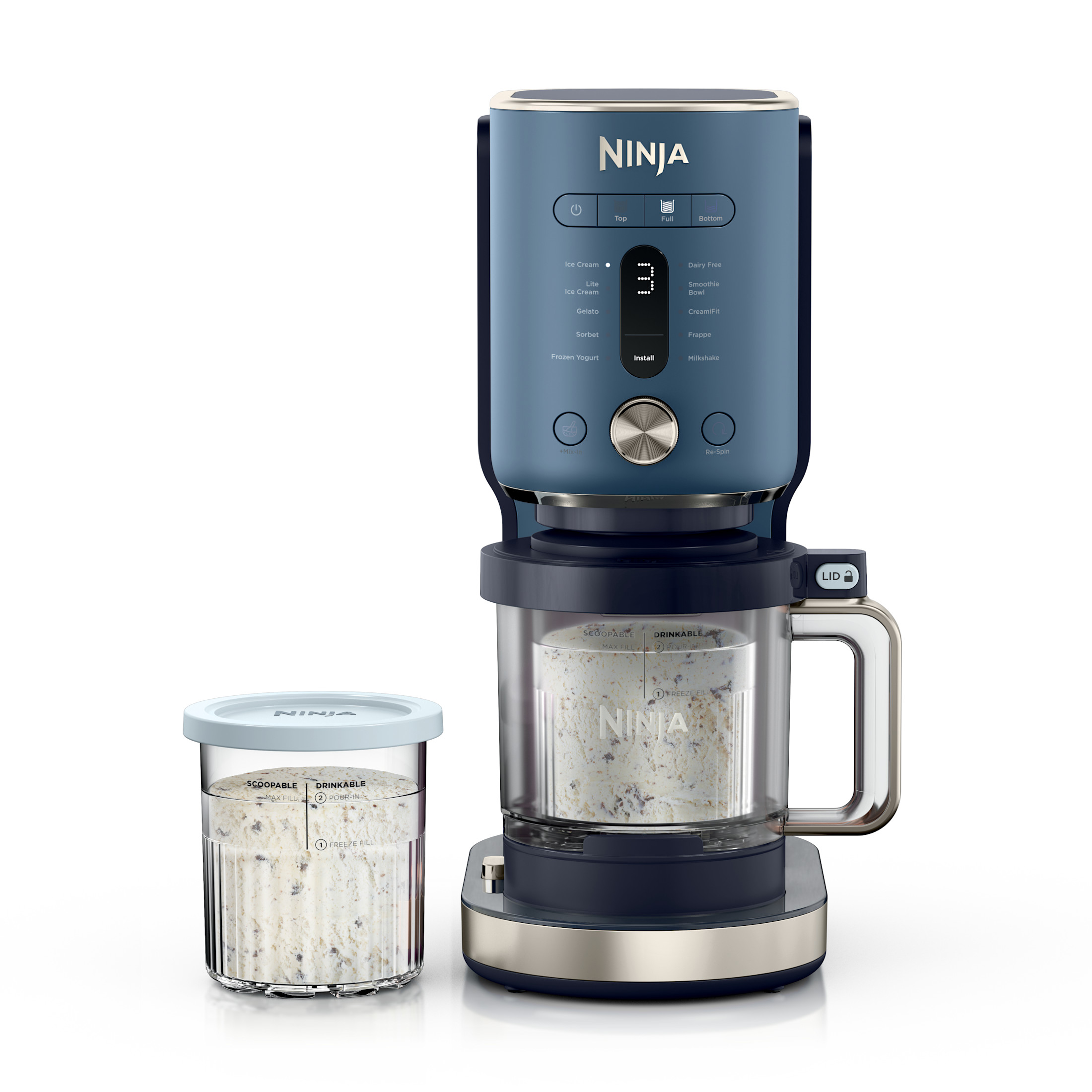 Ninja Creami XL Máquina de Helado, Sorbete, Malteadas, Yogurt Congelado, Sin Lácteos, 11 Programas de Un Toque, (2) Tinas Familiares de 24 Oz y Tapas, Azul Marino NC601