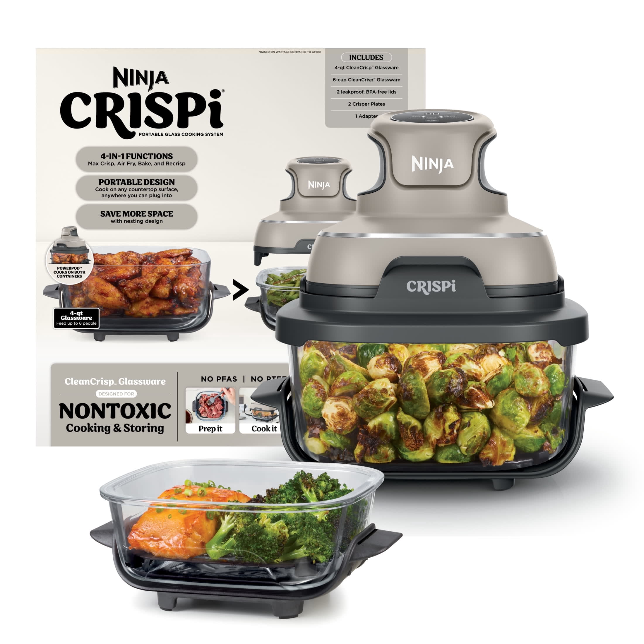 Ninja Crispi Glass Air Fryer 4-Qt, 4-in-1, Portable, Recrisp Bake