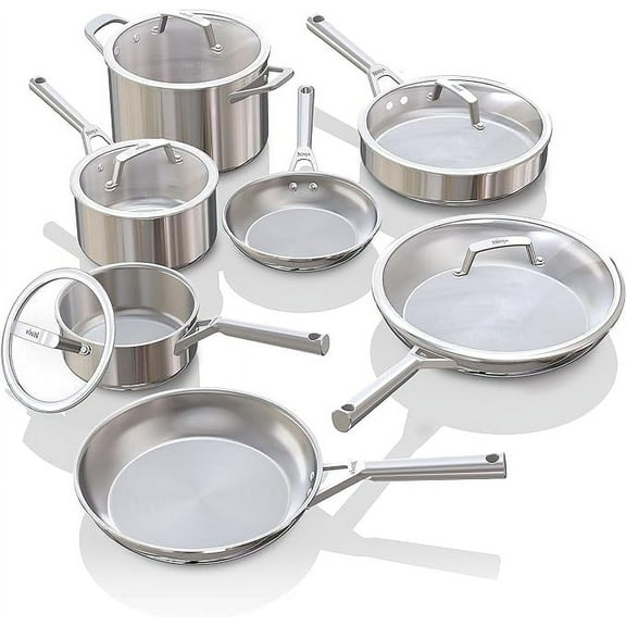 Ninja EverClad Stainless Steel Cookware 12 Piece Pots & Pans Set, All Stovetops & Induction, Oven Safe to 600F, Tri-Ply Commercial-Grade, C99012