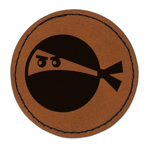 Ninja Face Funny 2.5" Faux Leather Round Engraved Iron-On Patch - Brown