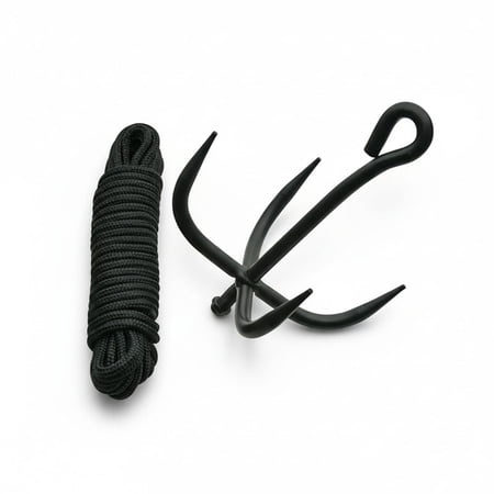 SZCO Grappling Hook with 35' Nylon Rope, Black Finish Stainless Steel Cadet Tool, Compact Retrieval Hook for Camping, Hiking, and Outdoor Ninja Training