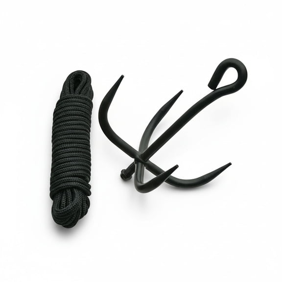 SZCO Grappling Anchor Hook with 35' Nylon Rope, Black Finish Stainless Steel Cadet Bushcraft Tool, Compact Retrieval Hook for Camping, Hiking, and Outdoor Ninja Training