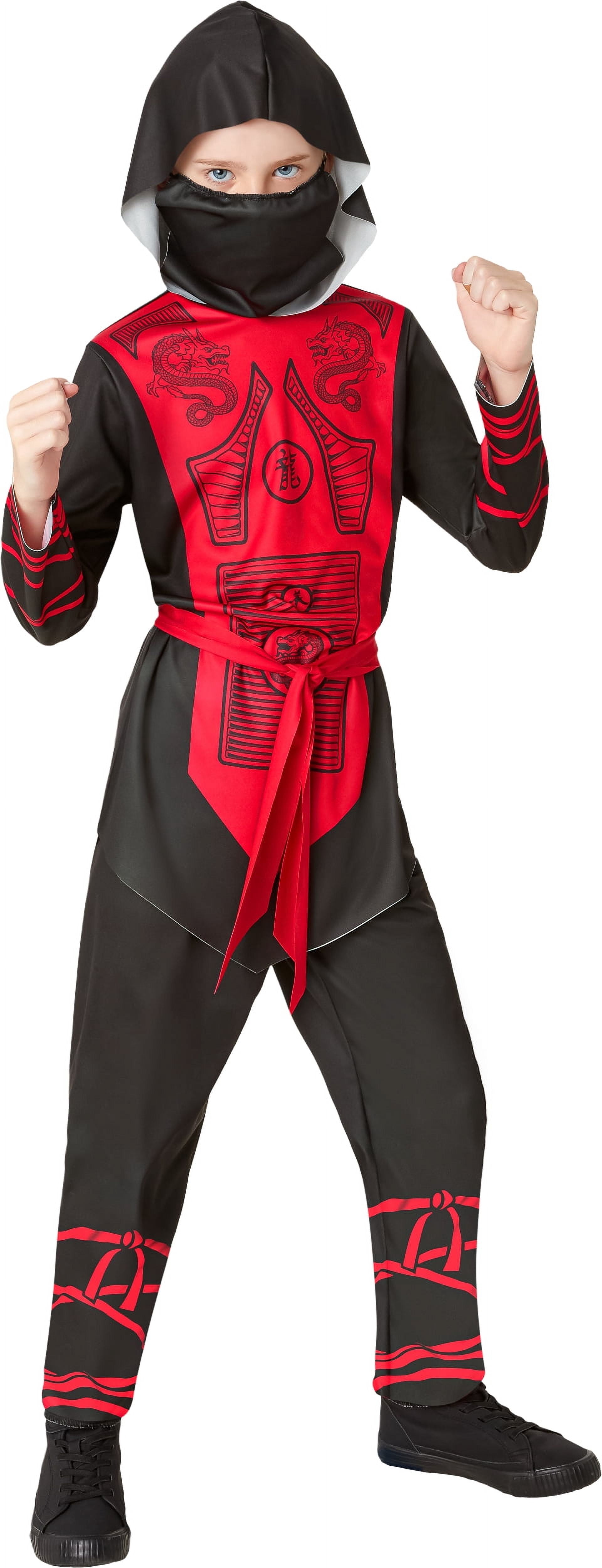 Ciao Ninja Verkleidung Für Jungen – Gr. 8-10 Jahre, Schwarz-rot, Inkl. Overall, Kapuze & Gürtel