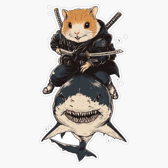 Ninja Hamster Riding Shark Funny Samurai Aquatic Mashup Sticker