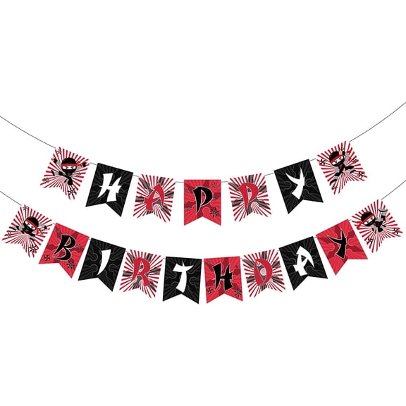 Ninja Happy Birthday Banner Decorations for Boys, Red Black Ninja Warrior Birthday Garland, for Ninja Warrior Theme Boys Birthday Baby Shower Party Decorations Supplies