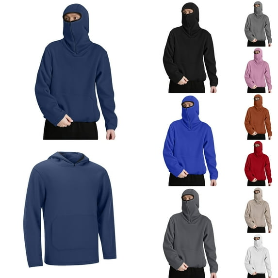 Ninja Hoodie for Men Casual Stylish Solid Hooded Sweatshirt Fall Winter Loose Streetwear Comfortable Mens Balaclava Hoodie Navy L