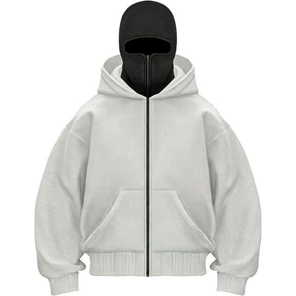 Ninja Hoodie with Face Mask, Winter Autumn Balaclava Hoodie for Men Women Double Hooded Zip-Up