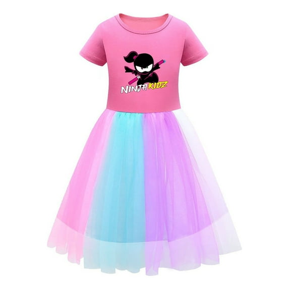 Ninja Kidz Birthday Dress for Girls – Rainbow Tulle and Cotton Top Combo – Adorable Short Sleeve Outfit with Graphic Design for Celebrations