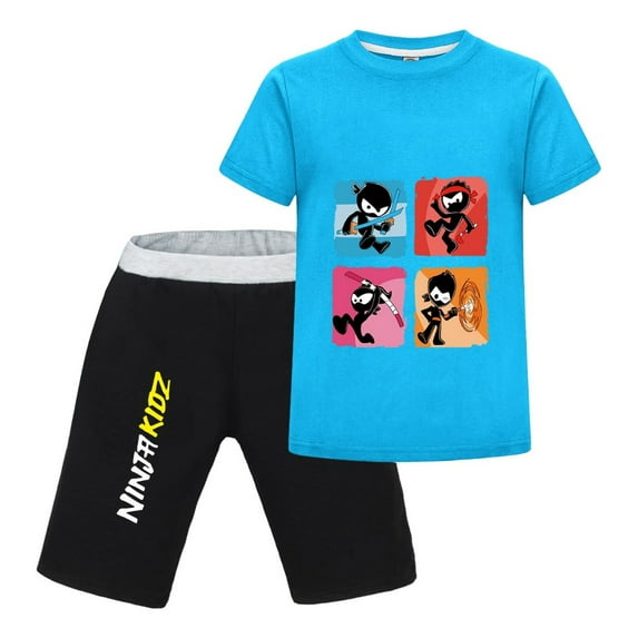Ninja Kidz Boys 2-Piece Outfit Set – Cartoon T-Shirt and Matching Shorts for Kids, Summer Sportswear Clothing for Toddlers and Children