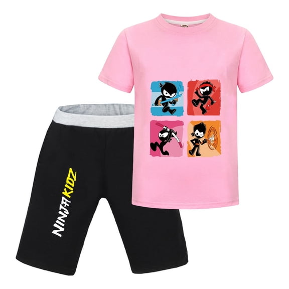 Ninja Kidz Boys 2-Piece Outfit Set – Cartoon T-Shirt and Matching Shorts for Kids, Summer Sportswear Clothing for Toddlers and Children