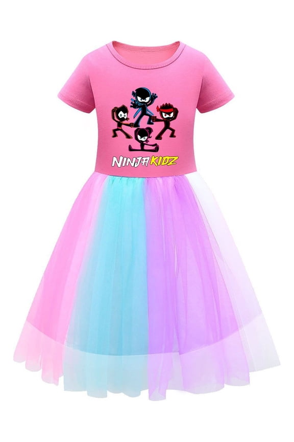 Ninja Kidz Character Dress for Girls – Rainbow Tulle Skirt and Cotton Top – Comfortable Kids for Dress-Up, Playdates, and Celebrations