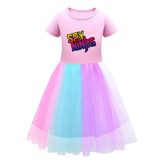 Ninja Kidz Cotton Dress for Girls – Vibrant Cartoon Outfit with Tulle Skirt – Short Sleeve Comfortable Perfect for Play and Parties