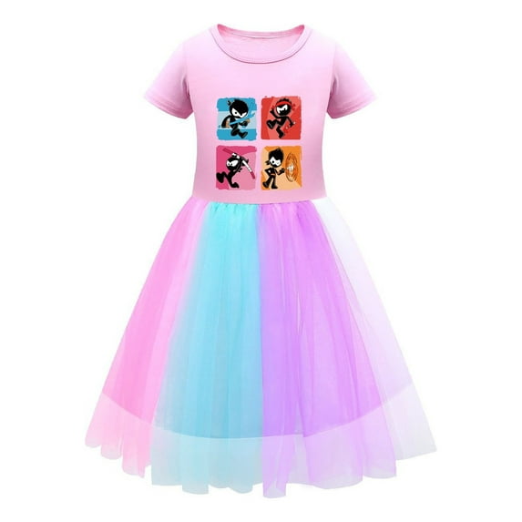 Ninja Kidz Girls Rainbow Dress – Short Sleeve Tulle Skirt Outfit – Colorful Cartoon Print Birthday Clothes for Kids Ages 3-10