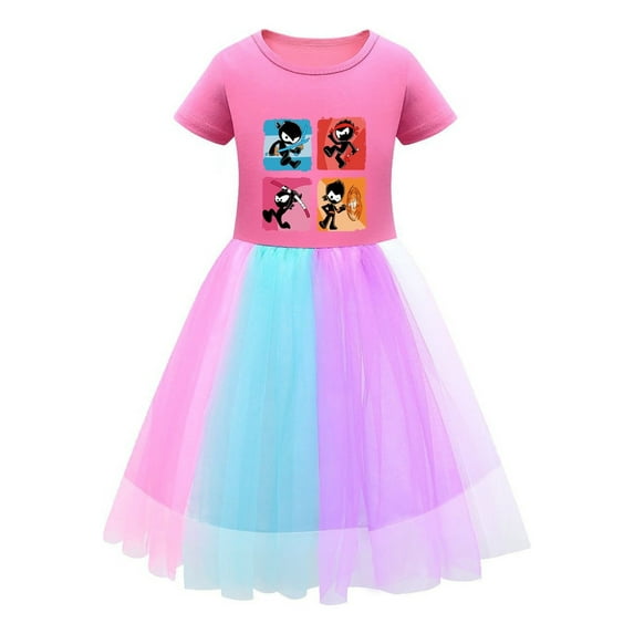 Ninja Kidz Girls Rainbow Dress – Short Sleeve Tulle Skirt Outfit – Colorful Cartoon Print Birthday Clothes for Kids Ages 3-10