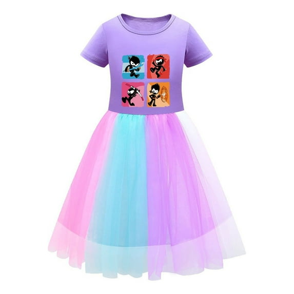 Ninja Kidz Girls Rainbow Dress – Short Sleeve Tulle Skirt Outfit – Colorful Cartoon Print Birthday Clothes for Kids Ages 3-10