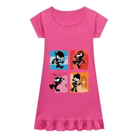Ninja Kidz Girls Sleep Dress – Pink Cartoon Nightgown with Ruffle Hem – Soft Short Sleeve Pajamas for Kids and Toddlers